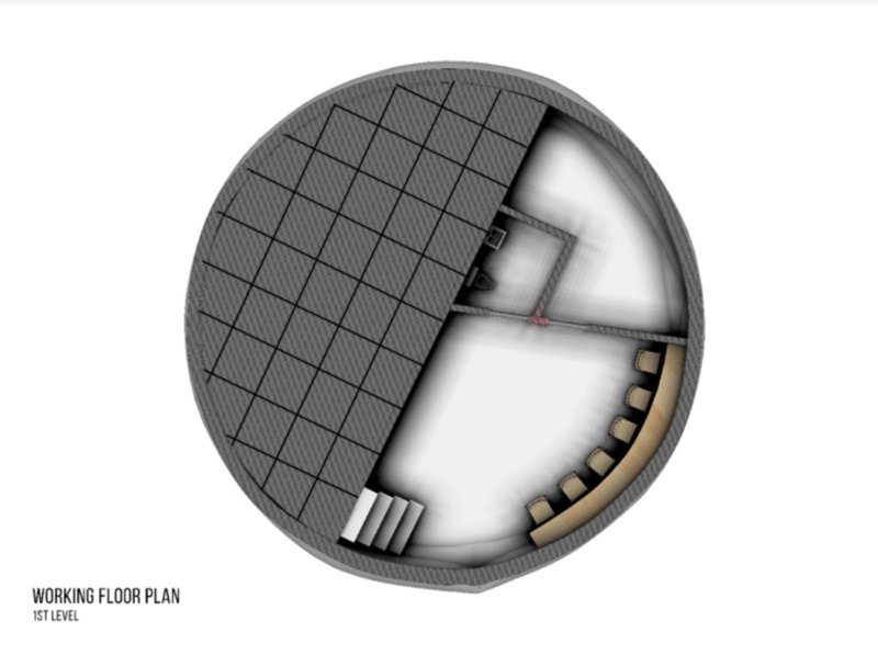 Top view of the first floor (common area) that also shows the grid of the boxes-storage idea