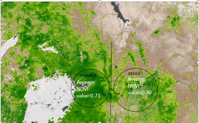 Layer 4: Kenya - Uganda Border Map over laid with Human Settlements Data, Population Density, and NDVI Data (From NASA - SEDAC Centre, United Nations, Landsat and Terra Modis Satellites)