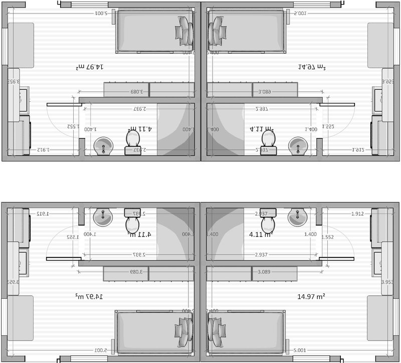 The idea is to build the houses as a mirror image so that the main water system of the two houses split from the outside. The foundations are built on a concrete post-tensioning process and the walls are built on cellular concrete to make the four houses can stand climatic-related extreme events at low cost.