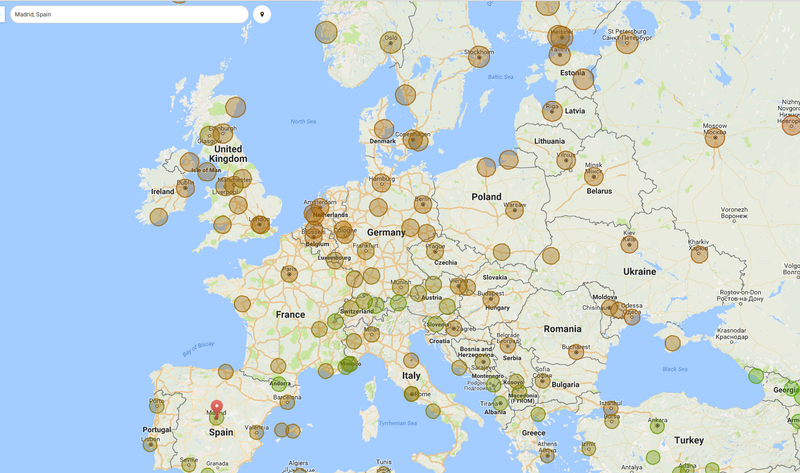 CO Pollution's city over map - Relative to others cities