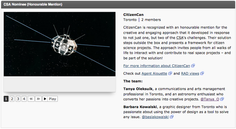 CitizenCAN is proud to receive an Honourable Mention from the Canadian Space Agency for our citizen science project! http://asc-csa.gc.ca/eng/blog/2017/06/02/space-apps-challenge-2017-a-first-for-csa.asp