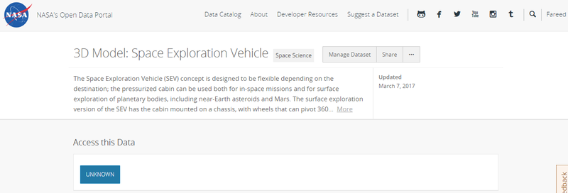 Downloading 3D models of the Space exploration vehicle for VR App from the NASA Open Data Portal.